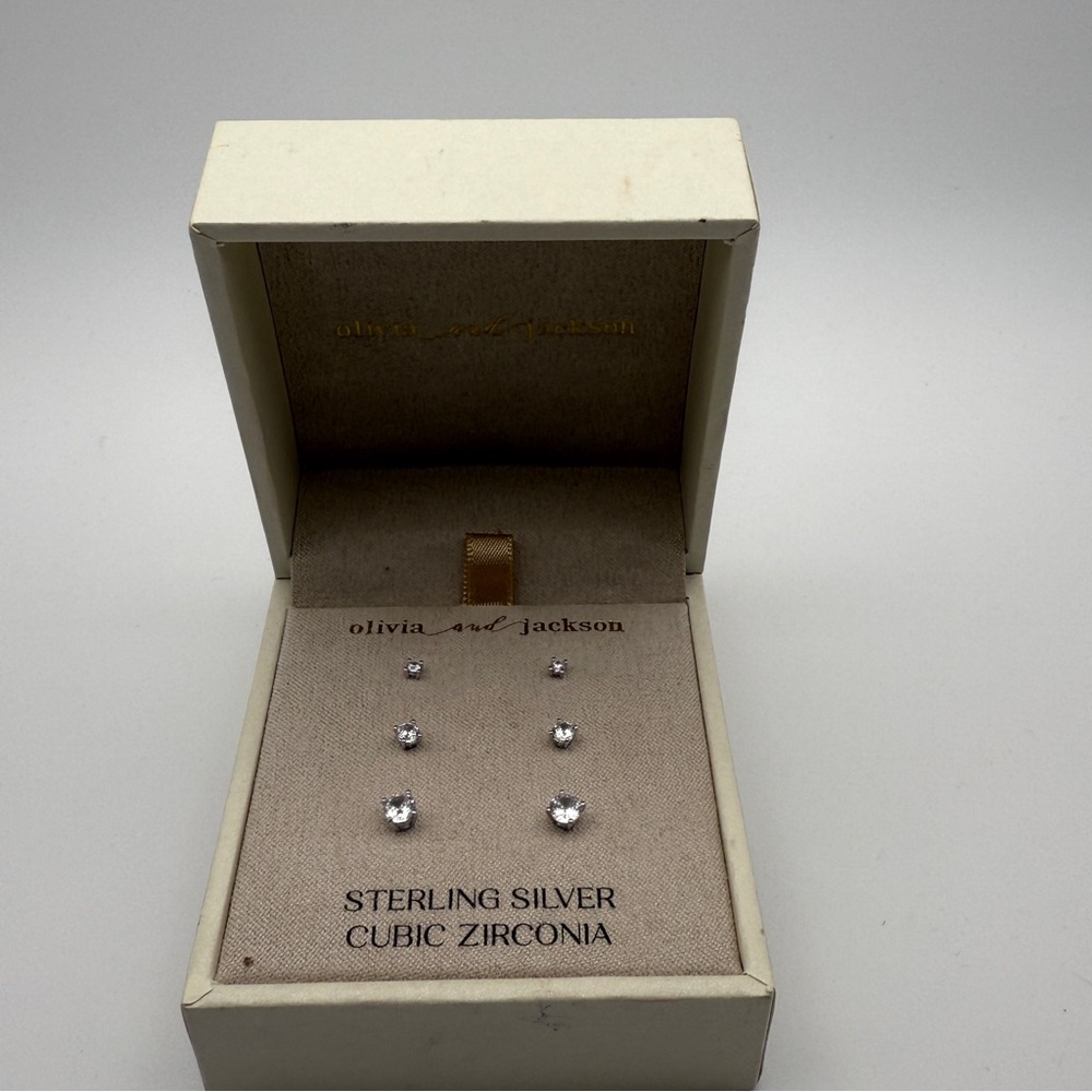 Olivia and Jackson Sterling Silver Cubic Zirconia 3-Pair Stud Earring Set w/ Box